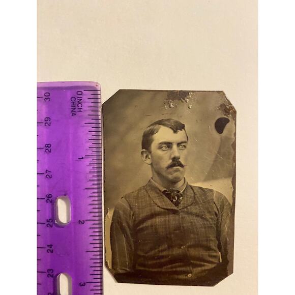 Tintype Photograph Long Faced Man with Mustache, Plaid Jacket and Striped Shirt - Picture 5 of 6